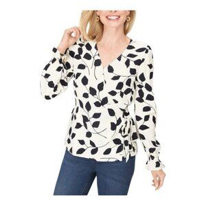 Talbots Faux Wrap Crepe Blouse Abstract Leaves Medium Black Ivory V-Neck Office